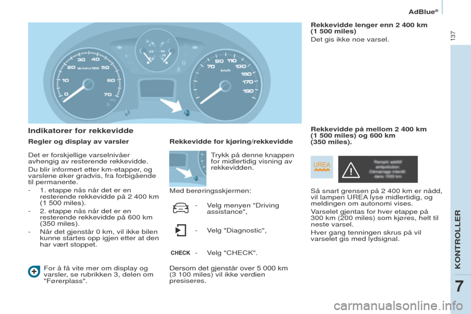 Peugeot Partner 2017  Brukerhåndbok (in Norwegian) 137
Partner-2-VU_no_Chap07_Verification_ed02-2016
AdBlue®
Indikatorer for rekkevidde
Regler og display av varslerFor å få vite mer om display og 
varsler, se rubrikken 3, delen om 
"Førerplass". R