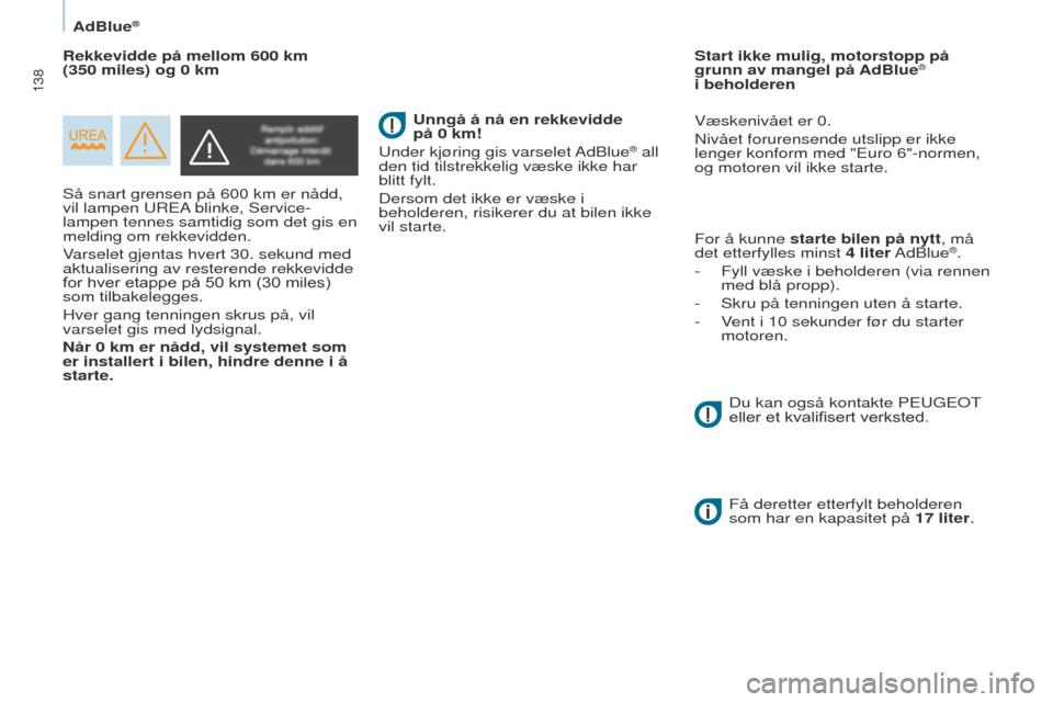 Peugeot Partner 2017  Brukerhåndbok (in Norwegian) 138
Partner-2-VU_no_Chap07_Verification_ed02-2016
AdBlue®
Så snart grensen på 600 km er nådd, 
vil lampen u R e A blinke, Service-
lampen tennes samtidig som det gis en 
melding om rekkevidden.
Va