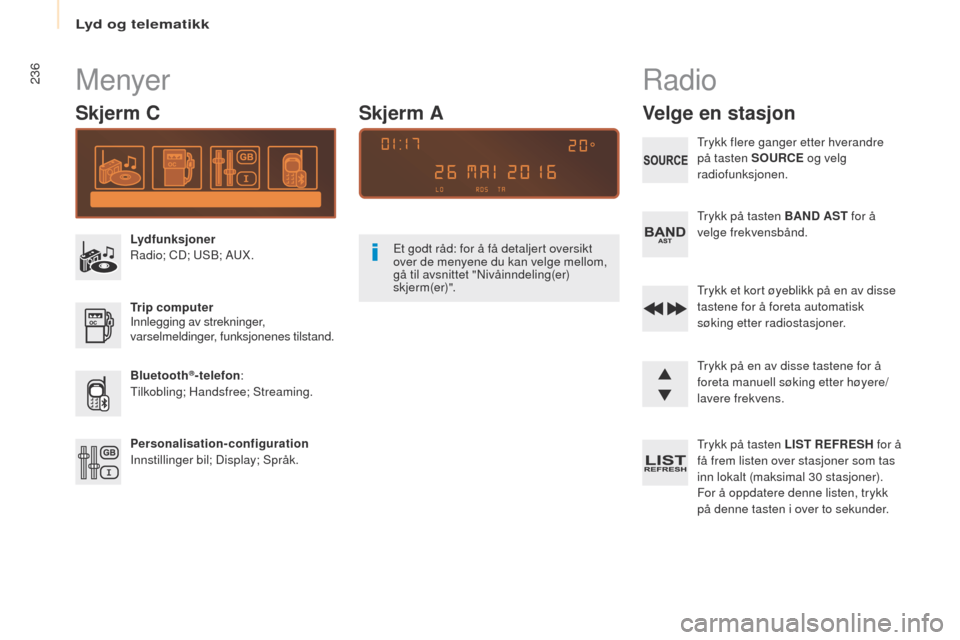 Peugeot Partner 2017  Brukerhåndbok (in Norwegian) Lyd og telematikk
236
Partner-2-VU_no_Chap10b_RD45_ed02-2016
Menyer
Skjerm C
Lydfunksjoner
Radio; CD; uS B; AuX .
Trip computer
Innlegging av strekninger, 
varselmeldinger, funksjonenes tilstand.
Blue