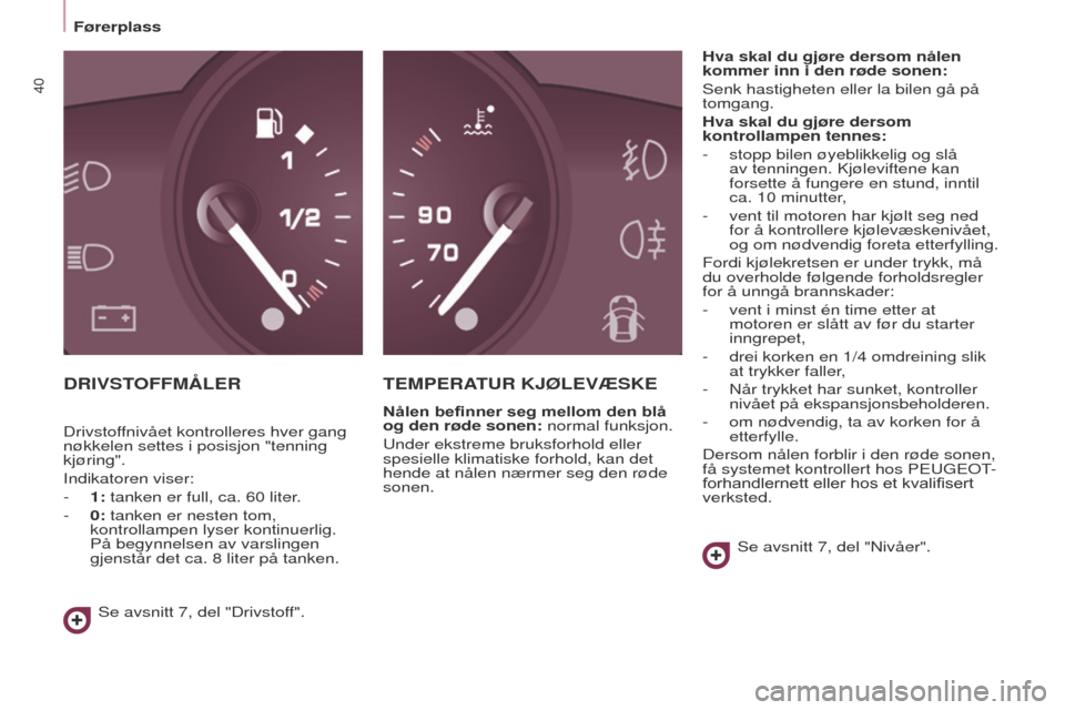 Peugeot Partner 2017  Brukerhåndbok (in Norwegian) 40
Partner-2-Vu_no_Chap03_Pret-a-partir_ed02-2016
Førerplass
DRIVSTOFFMÅLERTEMPERATUR   KJØLEV æ SKE
Nålen befinner seg mellom den blå 
og den røde sonen: normal funksjon.
u

nder ekstreme bruk