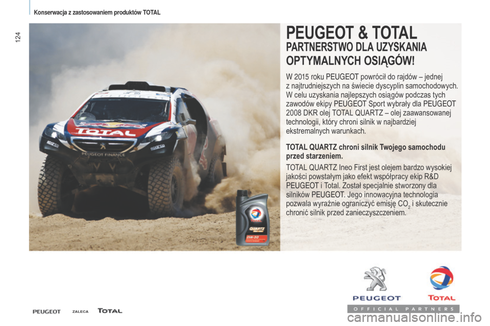 Peugeot Partner 2017 Instrukcja Obsługi (in Polish) 124
Partner-2-VU_pl_Chap07_Verification_ed02-2016
PEugEOT & TOTAL
PArTNErSTWO DLA uZyS KANIA
OPTyMALNyCh OSIą góW !
W 2015 roku Peugeot powrócił do rajdów – jednej
z najtrudniejszych na św Peugeot Partner 2017 Instrukcja Obsługi (in Polish) 124
Partner-2-VU_pl_Chap07_Verification_ed02-2016
PEugEOT & TOTAL
PArTNErSTWO DLA uZyS KANIA
OPTyMALNyCh OSIą góW !
W 2015 roku Peugeot powrócił do rajdów – jednej
z najtrudniejszych na św