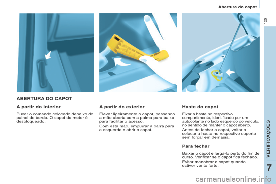 Peugeot Partner 2017 Manual do proprietário (in Portuguese) 125
Partner-2-VU_pt_Chap07_Verification_ed02-2016
ABERTURA DO CAPOT
h aste do capot
Fixar a haste no respectivo
compartimento, identificado por um autocolante no lado esquerdo do veículo,
Peugeot Partner 2017 Manual do proprietário (in Portuguese) 125
Partner-2-VU_pt_Chap07_Verification_ed02-2016
ABERTURA DO CAPOT
h aste do capot
Fixar a haste no respectivo
compartimento, identificado por um autocolante no lado esquerdo do veículo,