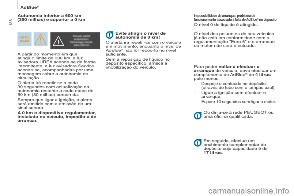 Peugeot Partner 2017 Manual do proprietário (in Portuguese) 138
Partner-2-VU_pt_Chap07_Verification_ed02-2016
AdBlue®
A partir do momento em que
atingir o limite de 600 km, a luz
avisadora
u REA acende-se de forma
intermitente, a luz avisadora Service
a Peugeot Partner 2017 Manual do proprietário (in Portuguese) 138
Partner-2-VU_pt_Chap07_Verification_ed02-2016
AdBlue®
A partir do momento em que
atingir o limite de 600 km, a luz
avisadora
u REA acende-se de forma
intermitente, a luz avisadora Service
a