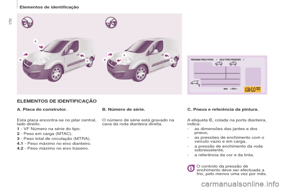 Peugeot Partner 2017 Manual do proprietário (in Portuguese) 170
Partner-2-Vu_pt_Chap09_Caract-technique_ed02-2016
ELEMENTOS DE IDENTIFICAÇÃO
A. Placa do construtor.C. Pneus e referência da pintura.
B. Número de série.
Esta placa encontra-se no pilar centr Peugeot Partner 2017 Manual do proprietário (in Portuguese) 170
Partner-2-Vu_pt_Chap09_Caract-technique_ed02-2016
ELEMENTOS DE IDENTIFICAÇÃO
A. Placa do construtor.C. Pneus e referência da pintura.
B. Número de série.
Esta placa encontra-se no pilar centr