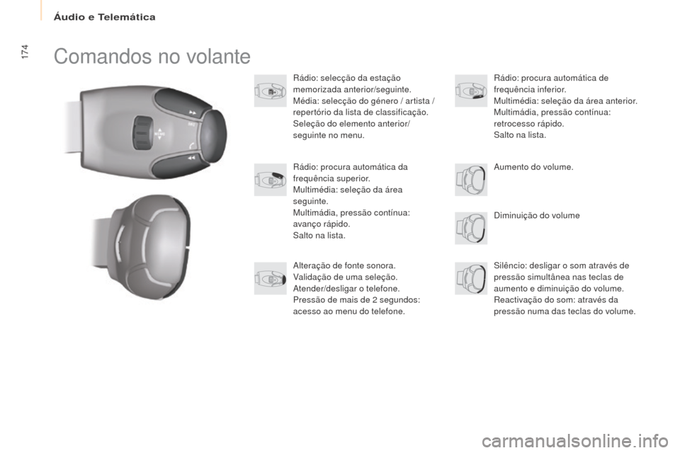 Peugeot Partner 2017 Manual do proprietário (in Portuguese) Áudio e Telemática
174
Partner-2-Vu_pt_Chap10a_SMEgplus_ed02-2016
Comandos no volante
Rádio: selecção da estação
memorizada anterior/seguinte.
Média: selecção do género / artista /
repert Peugeot Partner 2017 Manual do proprietário (in Portuguese) Áudio e Telemática
174
Partner-2-Vu_pt_Chap10a_SMEgplus_ed02-2016
Comandos no volante
Rádio: selecção da estação
memorizada anterior/seguinte.
Média: selecção do género / artista /
repert