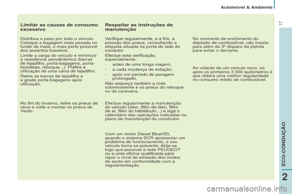 Peugeot Partner 2017 Manual do proprietário (in Portuguese) 17
Automóvel & Ambiente
Partner-2-Vu_pt_Chap02_eco-conduite_ed02-2016
Limitar as causas de consumo
excessivo
Distribua o peso por todo o veículo.
Coloque a bagagem mais pesada no
fundo da mala, o Peugeot Partner 2017 Manual do proprietário (in Portuguese) 17
Automóvel & Ambiente
Partner-2-Vu_pt_Chap02_eco-conduite_ed02-2016
Limitar as causas de consumo
excessivo
Distribua o peso por todo o veículo.
Coloque a bagagem mais pesada no
fundo da mala, o