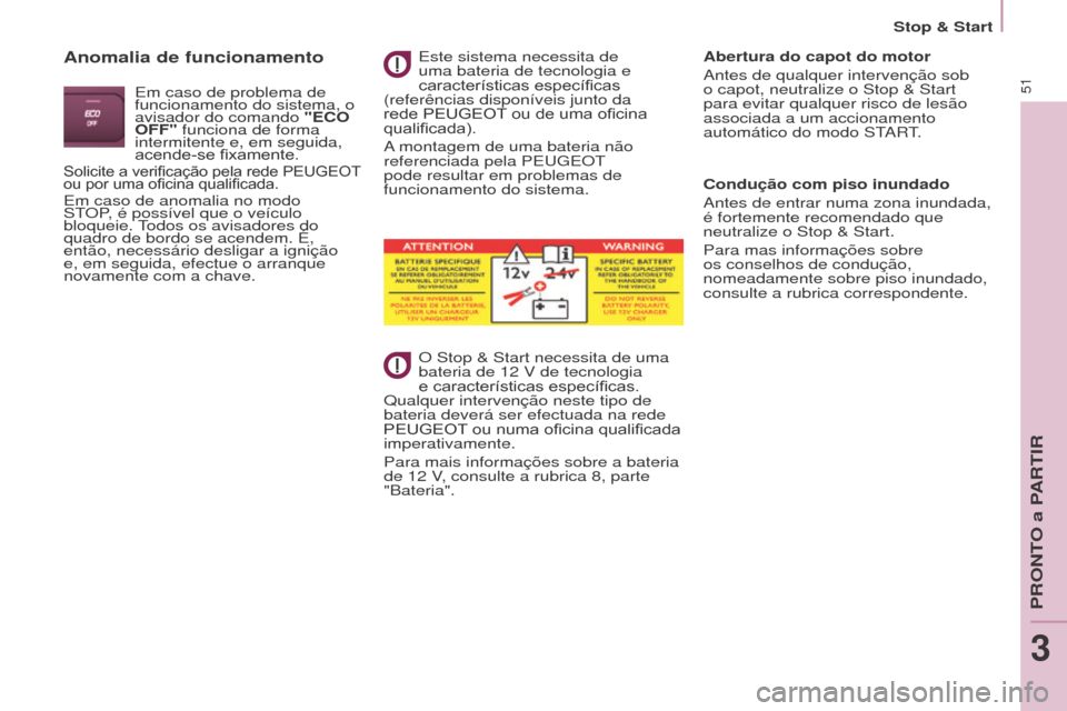 Peugeot Partner 2017  Manual do proprietário (in Portuguese) 51
Partner-2-Vu_pt_Chap03_Pret-a-partir_ed02-2016
Stop & Start
Anomalia de funcionamento
Em caso de problema de 
funcionamento do sistema, o 
avisador do comando "ECO 
OFF" funciona de forma 
intermit