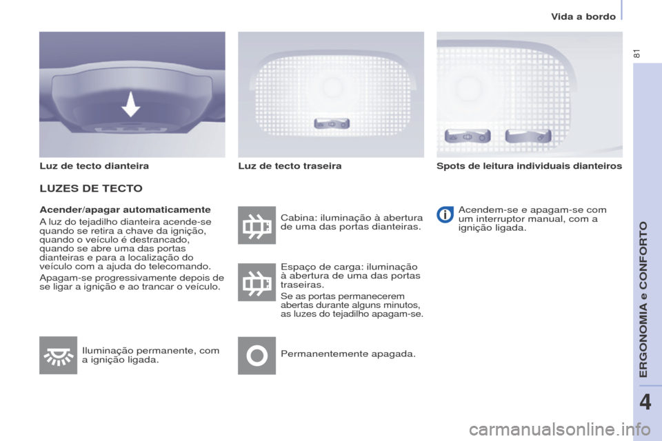Peugeot Partner 2017 Manual do proprietário (in Portuguese) 81
Partner-2-Vu_pt_Chap04_Ergonomie_ed02-2016
Acender/apagar automaticamente
A luz do tejadilho dianteira acende-se
quando se retira a chave da ignição,
quando o veículo é destrancado,
quando s Peugeot Partner 2017 Manual do proprietário (in Portuguese) 81
Partner-2-Vu_pt_Chap04_Ergonomie_ed02-2016
Acender/apagar automaticamente
A luz do tejadilho dianteira acende-se
quando se retira a chave da ignição,
quando o veículo é destrancado,
quando s