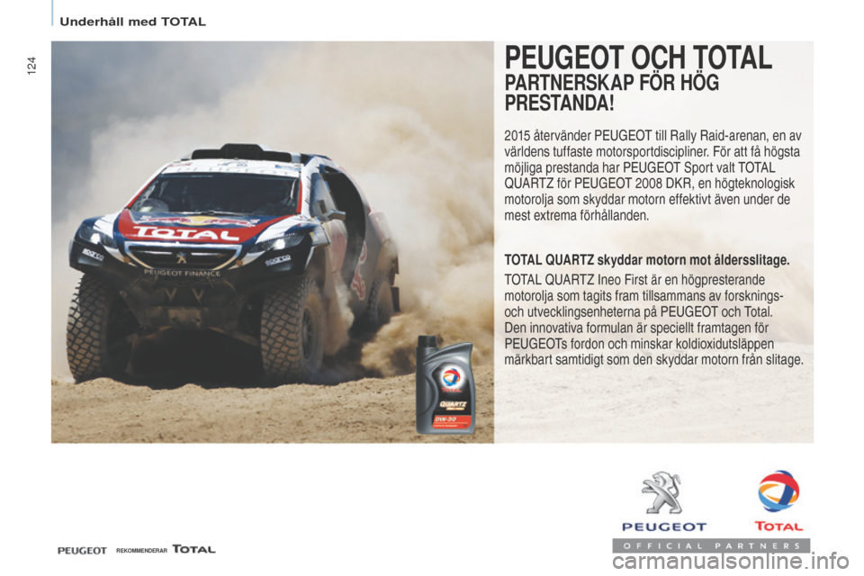 Peugeot Partner 2017 Ägarmanual (in Swedish) 124
Partner-2-VU_sv_Chap07_Verification_ed02-2016
PEuGEOT OCH TOTAL
PARTNERSKAP FÖR HÖG
PRESTANDA!
2015 återvänder Peugeot till Rally Raid-arenan, en av
världens tuffaste motorsportdiscipliner. Peugeot Partner 2017 Ägarmanual (in Swedish) 124
Partner-2-VU_sv_Chap07_Verification_ed02-2016
PEuGEOT OCH TOTAL
PARTNERSKAP FÖR HÖG
PRESTANDA!
2015 återvänder Peugeot till Rally Raid-arenan, en av
världens tuffaste motorsportdiscipliner.
