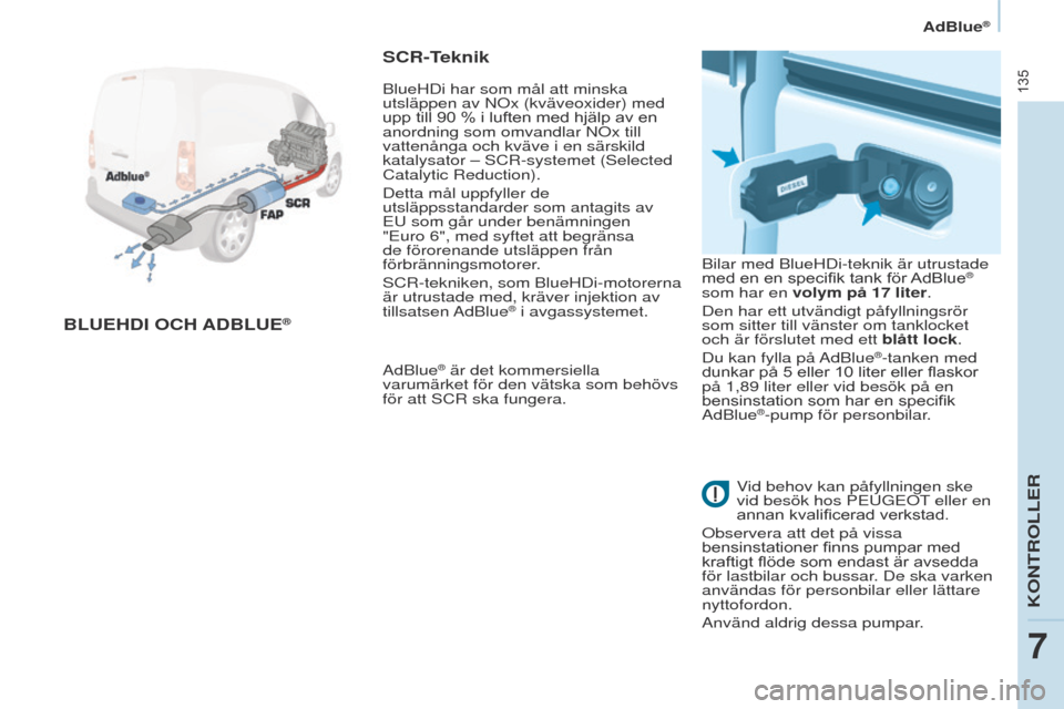 Peugeot Partner 2017 Ägarmanual (in Swedish) 135
Partner-2-VU_sv_Chap07_Verification_ed02-2016
AdBlue®
BLuEHDI OCH A D B L u E®
SCR-Teknik
AdBlue® är det kommersiella
varumärket för den vätska som behövs
för att SCR ska fungera. Bilar Peugeot Partner 2017 Ägarmanual (in Swedish) 135
Partner-2-VU_sv_Chap07_Verification_ed02-2016
AdBlue®
BLuEHDI OCH A D B L u E®
SCR-Teknik
AdBlue® är det kommersiella
varumärket för den vätska som behövs
för att SCR ska fungera. Bilar