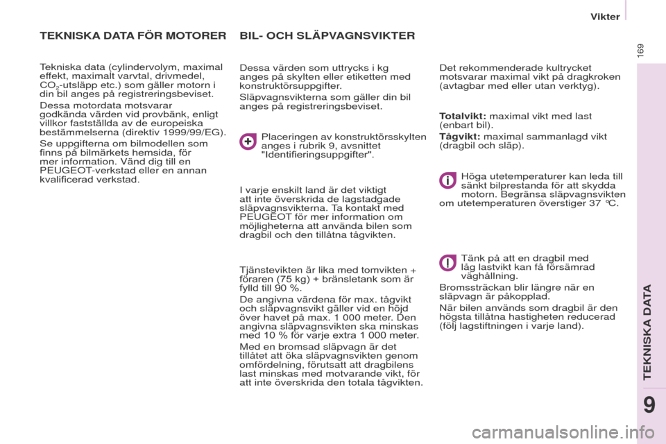 Peugeot Partner 2017 Ägarmanual (in Swedish) 169
Partner-2-Vu_sv_Chap09_Caract-technique_ed02-2016
BIL- OCH SLÄPVAGNSVIKTER
Dessa värden som uttrycks i kg
anges på skylten eller etiketten med
konstruktörsuppgifter.
Släpvagnsvikterna som g Peugeot Partner 2017 Ägarmanual (in Swedish) 169
Partner-2-Vu_sv_Chap09_Caract-technique_ed02-2016
BIL- OCH SLÄPVAGNSVIKTER
Dessa värden som uttrycks i kg
anges på skylten eller etiketten med
konstruktörsuppgifter.
Släpvagnsvikterna som g