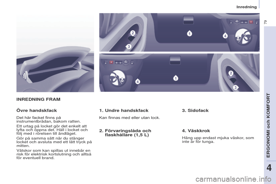 Peugeot Partner 2017 Ägarmanual (in Swedish) 79
Partner-2-Vu_sv_Chap04_ergonomie_ed02-2016
INREDNING FRAM
1.
u ndre handskfack
Kan finnas med eller utan lock.
Övre handskfack
Det här facket finns på
instrumentbrädan, bakom ratten.
e
tt urt Peugeot Partner 2017 Ägarmanual (in Swedish) 79
Partner-2-Vu_sv_Chap04_ergonomie_ed02-2016
INREDNING FRAM
1.
u ndre handskfack
Kan finnas med eller utan lock.
Övre handskfack
Det här facket finns på
instrumentbrädan, bakom ratten.
e
tt urt