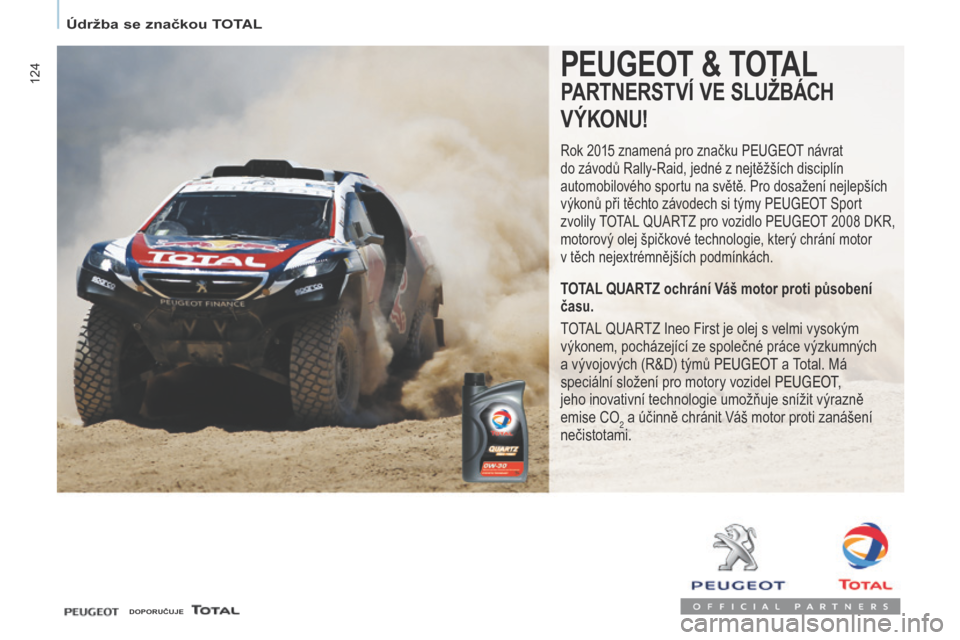Peugeot Partner 2017 Návod k obsluze (in Czech) 124
Partner-2-VU_cs_Chap07_Verification_ed02-2016
PEUGEOT & TOTAL
PARTNERSTVÍ VE SLUžBÁCH
V ÝKONU!
Rok 2015 znamená pro značku Peugeot návrat
do závodů Rally-Raid, jedné z nejtěžších Peugeot Partner 2017 Návod k obsluze (in Czech) 124
Partner-2-VU_cs_Chap07_Verification_ed02-2016
PEUGEOT & TOTAL
PARTNERSTVÍ VE SLUžBÁCH
V ÝKONU!
Rok 2015 znamená pro značku Peugeot návrat
do závodů Rally-Raid, jedné z nejtěžších