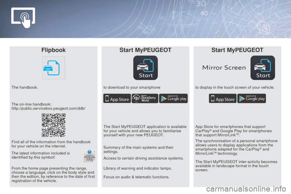 Peugeot Partner 2016  Owners Manual StartStart
Mirror Screen
FlipbookStar t MyPEUGEOT Star t MyPEUGEOT
The handbook. to download to your smartphoneto display in the touch screen of your vehicle.
Focus on audio & telematic functions. Acc
