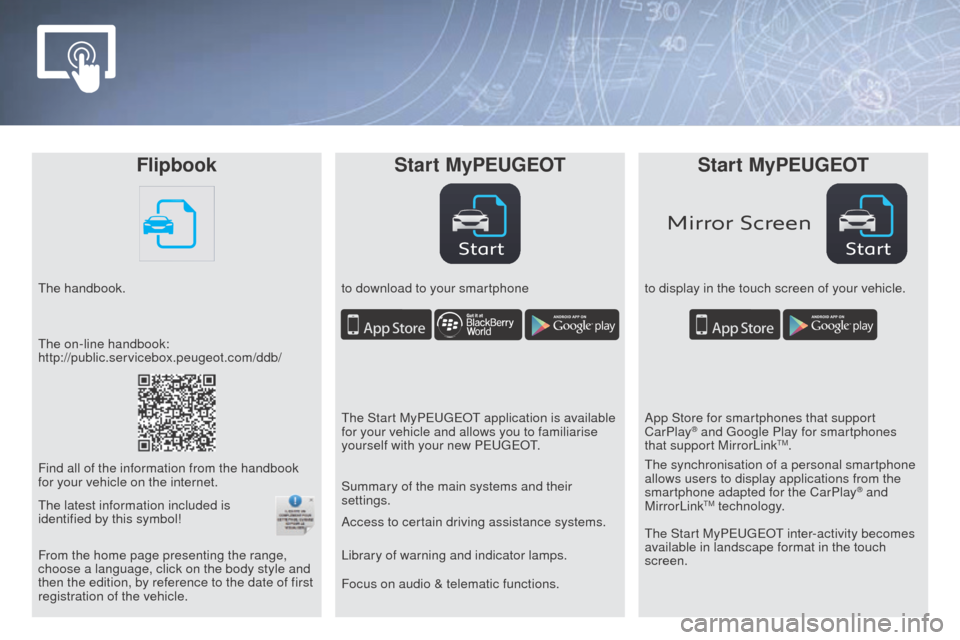 Peugeot Partner 2016 Owners Manual StartStart
Mirror Screen
FlipbookStar t MyPEUGEOT Star t MyPEUGEOT
The handbook. to download to your smartphoneto display in the touch screen of your vehicle.
Focus on audio & telematic functions. Acc Peugeot Partner 2016 Owners Manual StartStart
Mirror Screen
FlipbookStar t MyPEUGEOT Star t MyPEUGEOT
The handbook. to download to your smartphoneto display in the touch screen of your vehicle.
Focus on audio & telematic functions. Acc