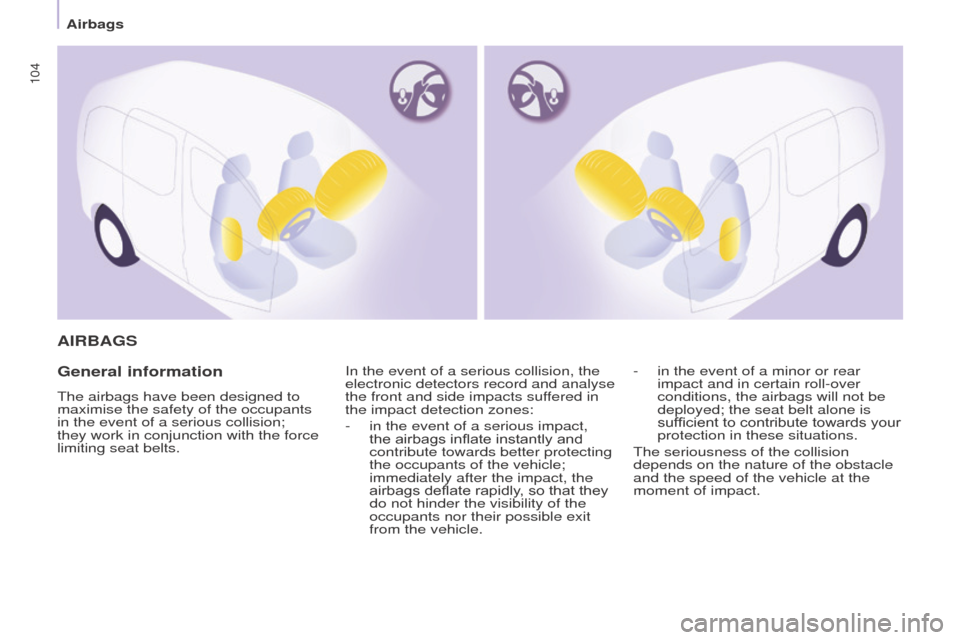 Peugeot Partner 2016 Owners Manual 104
Partner-2-Vu_en_Chap05_Securite_ed02-2015
AIRBAGS
General information
The airbags have been designed to
maximise the safety of the occupants
in the event of a serious collision;
they work in co Peugeot Partner 2016 Owners Manual 104
Partner-2-Vu_en_Chap05_Securite_ed02-2015
AIRBAGS
General information
The airbags have been designed to
maximise the safety of the occupants
in the event of a serious collision;
they work in co