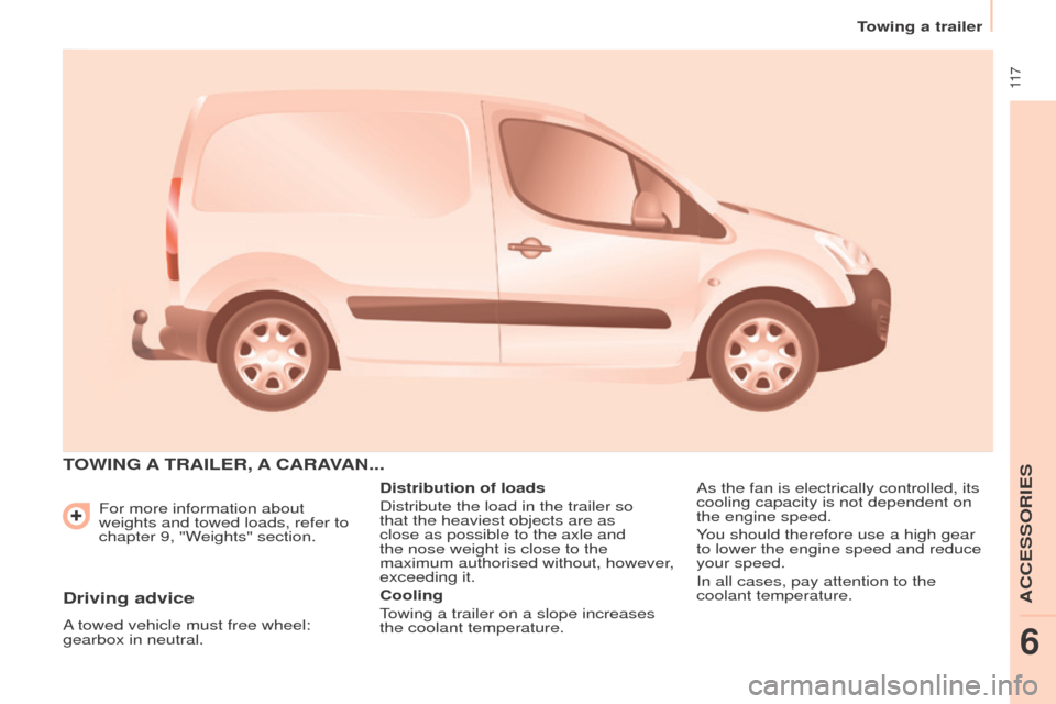 Peugeot Partner 2016 Owners Manual 11 7
Towing a trailer
Partner-2-Vu_en_Chap06_Accessoire_ed02-2015
For more information about
weights and towed loads, refer to
chapter 9, "Weights" section.
TOWING A TRAILER , A CARA VAN ...
Dist Peugeot Partner 2016 Owners Manual 11 7
Towing a trailer
Partner-2-Vu_en_Chap06_Accessoire_ed02-2015
For more information about
weights and towed loads, refer to
chapter 9, "Weights" section.
TOWING A TRAILER , A CARA VAN ...
Dist