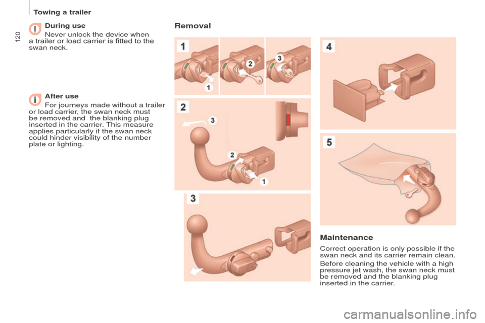 Peugeot Partner 2016 Owners Manual 120
Towing a trailer
Partner-2-Vu_en_Chap06_Accessoire_ed02-2015
During use
Never unlock the device when
a trailer or load carrier is fitted to the
swan neck.
After use
For journeys made without a t Peugeot Partner 2016 Owners Manual 120
Towing a trailer
Partner-2-Vu_en_Chap06_Accessoire_ed02-2015
During use
Never unlock the device when
a trailer or load carrier is fitted to the
swan neck.
After use
For journeys made without a t