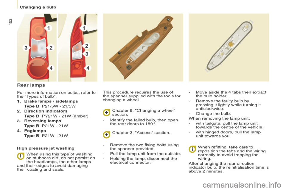 Peugeot Partner 2016 Owners Manual 152
Partner-2-Vu_en_Chap08_Aide-rapide_ed02-2015
This procedure requires the use of
the spanner supplied with the tools for
changing a wheel.-
Move aside the 4 tabs then extract
the bulb holder
.
Peugeot Partner 2016 Owners Manual 152
Partner-2-Vu_en_Chap08_Aide-rapide_ed02-2015
This procedure requires the use of
the spanner supplied with the tools for
changing a wheel.-
Move aside the 4 tabs then extract
the bulb holder
.
