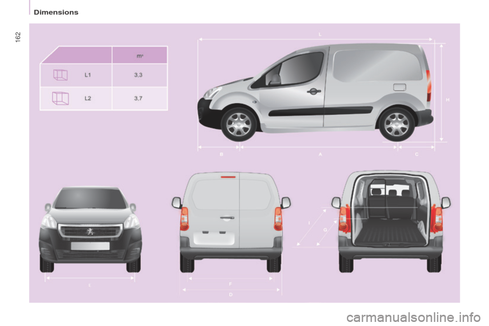 Peugeot Partner 2016  Owners Manual 162
Partner-2-Vu_en_Chap09_Caract-technique_ed02-2015 
Dimensions  