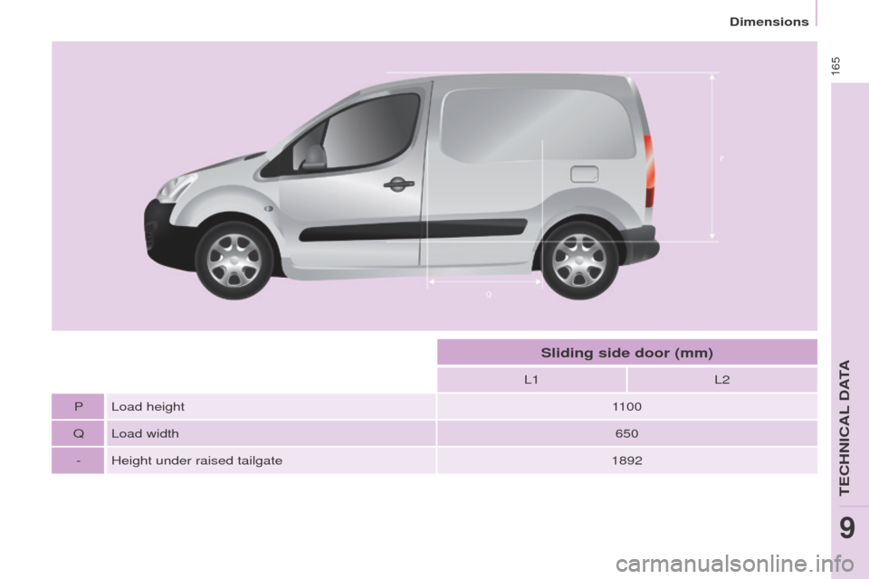 Peugeot Partner 2016  Owners Manual 165
Partner-2-Vu_en_Chap09_Caract-technique_ed02-2015
L1L2
P Load height 1100
Q Load width 650
- Height under raised tailgate 1892
Sliding side door (mm) 
Dimensions
TECHNICAL DATA
9  