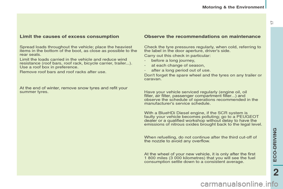 Peugeot Partner 2016  Owners Manual 17
Motoring & the Environment
Limit the causes of excess consumption
Spread loads throughout the vehicle; place the heaviest 
items in the bottom of the boot, as close as possible to the 
rear seats.
