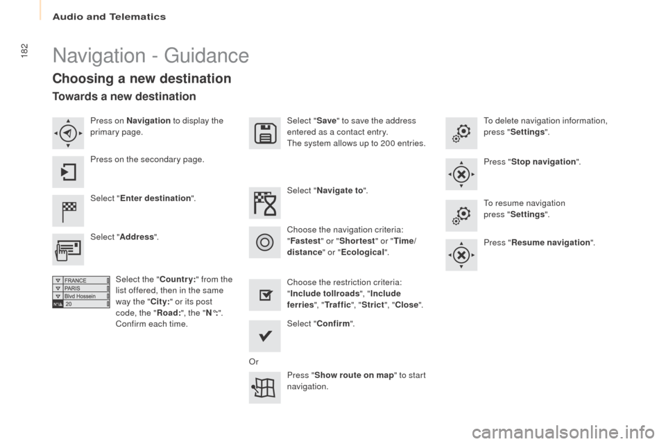 Peugeot Partner 2016  Owners Manual 182
Partner-2-Vu_en_Chap10a_SMEGplus_ed02-2015
Navigation - Guidance
Choosing a new destination
Select "Enter destination ". Select "
Save" to save the address 
entered as a contact entry.
The system 