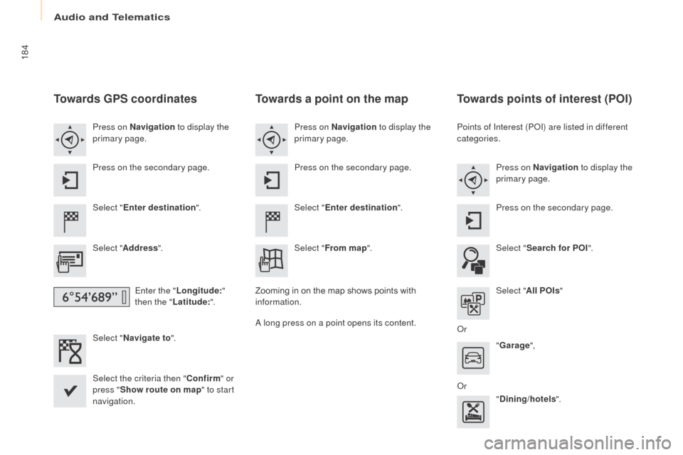 Peugeot Partner 2016  Owners Manual 184
Partner-2-Vu_en_Chap10a_SMEGplus_ed02-2015
Towards GPS coordinates
Select "Enter destination ".
Select " Address ".
Enter the " Longitude: " 
then the " Latitude: ".
Select " Navigate to ".
Select