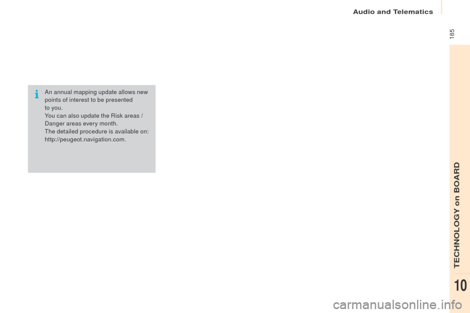 Peugeot Partner 2016  Owners Manual  185
Partner-2-Vu_en_Chap10a_SMEGplus_ed02-2015
An annual mapping update allows new 
points of interest to be presented 
to you.
You can also update the Risk areas / 
Danger areas every month.
The det