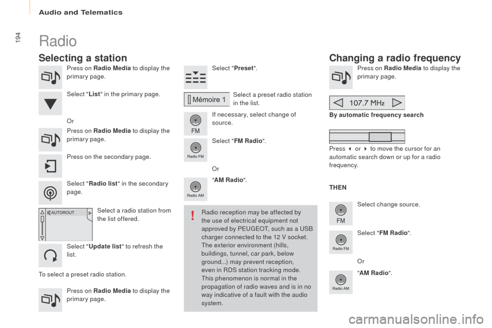 Peugeot Partner 2016 Owners Manual 194
Partner-2-Vu_en_Chap10a_SMEGplus_ed02-2015
Press on Radio Media to display the
primary page.
Press on Radio Media to display the
primary page. Select "
Preset".
If necessary, select change of
Peugeot Partner 2016 Owners Manual 194
Partner-2-Vu_en_Chap10a_SMEGplus_ed02-2015
Press on Radio Media to display the
primary page.
Press on Radio Media to display the
primary page. Select "
Preset".
If necessary, select change of