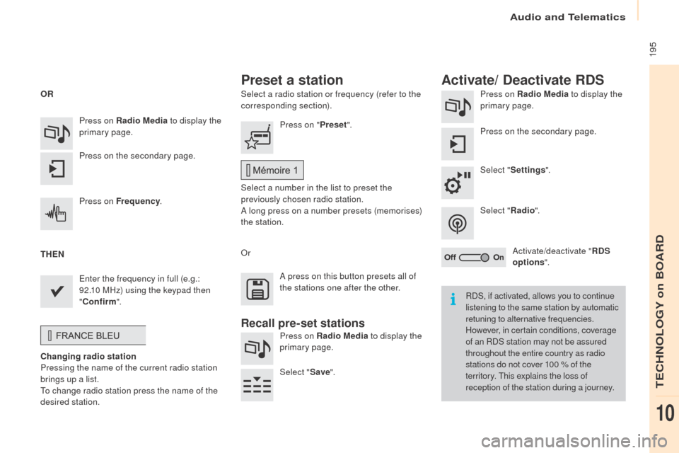 Peugeot Partner 2016 Owners Manual 195
Partner-2-Vu_en_Chap10a_SMEGplus_ed02-2015
Select a radio station or frequency (refer to the
corresponding section).Press on Radio Media
to display the
primary page.
Press on the secondary pag Peugeot Partner 2016 Owners Manual 195
Partner-2-Vu_en_Chap10a_SMEGplus_ed02-2015
Select a radio station or frequency (refer to the
corresponding section).Press on Radio Media
to display the
primary page.
Press on the secondary pag