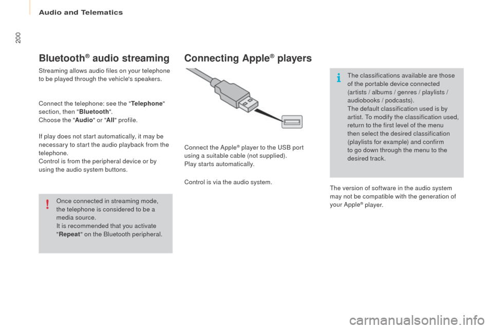Peugeot Partner 2016 Owners Manual 200
Partner-2-Vu_en_Chap10a_SMEGplus_ed02-2015
Bluetooth® audio streaming
Streaming allows audio files on your telephone
to be played through the vehicles speakers.
Connect the telephone: see the " Peugeot Partner 2016 Owners Manual 200
Partner-2-Vu_en_Chap10a_SMEGplus_ed02-2015
Bluetooth® audio streaming
Streaming allows audio files on your telephone
to be played through the vehicles speakers.
Connect the telephone: see the "