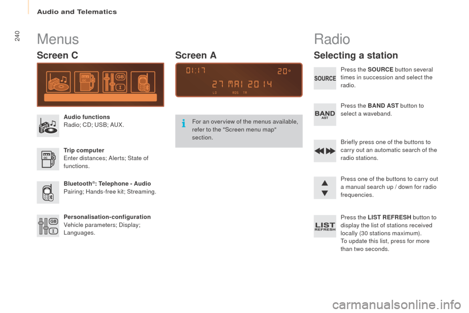 Peugeot Partner 2016 Owners Manual Audio and Telematics
240
Partner-2-Vu_en_Chap10b_RD45_ed02-2015
Menus
Screen C
Audio functions
Radio; CD; USB; AUX.
Trip computer
Enter distances; Alerts; State of
functions.
Bluetooth
®: Telephone Peugeot Partner 2016 Owners Manual Audio and Telematics
240
Partner-2-Vu_en_Chap10b_RD45_ed02-2015
Menus
Screen C
Audio functions
Radio; CD; USB; AUX.
Trip computer
Enter distances; Alerts; State of
functions.
Bluetooth
®: Telephone