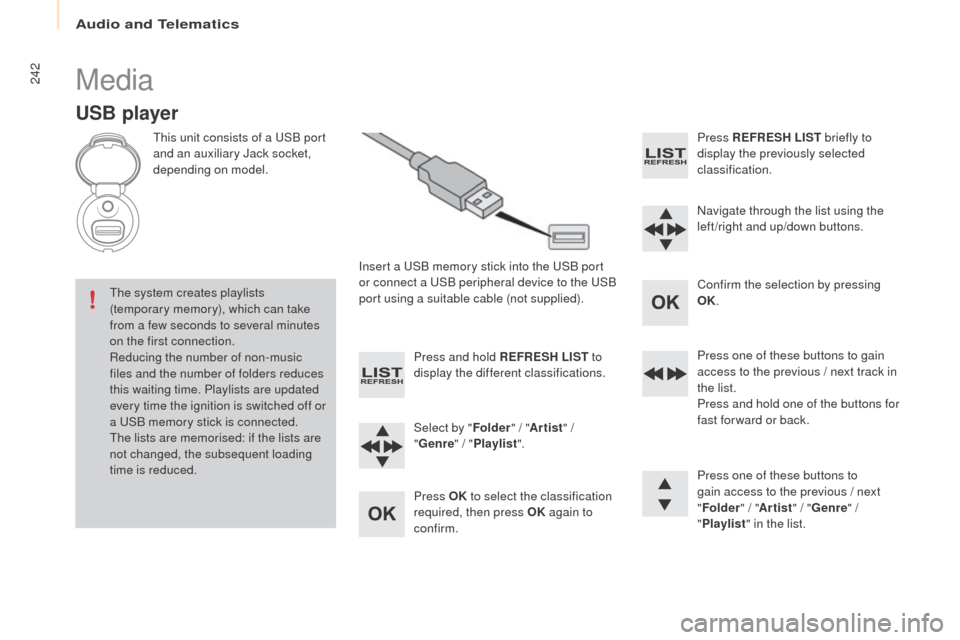 Peugeot Partner 2016  Owners Manual Audio and Telematics
242
Partner-2-Vu_en_Chap10b_RD45_ed02-2015
Media
USB player
This unit consists of a USB port 
and an auxiliary Jack socket, 
depending on model.Insert a USB memory stick into the 