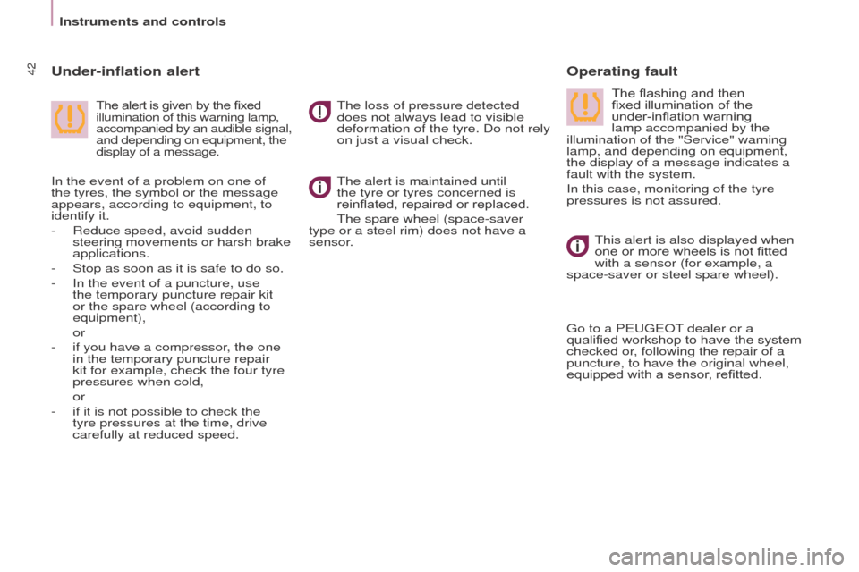 Peugeot Partner 2016 Service Manual 42
Instruments and controls
Partner-2-Vu_en_Chap03_Pret-a-partir_ed02-2015
The alert is maintained until 
the tyre or tyres concerned is 
reinflated, repaired or replaced.
The spare wheel (space-saver