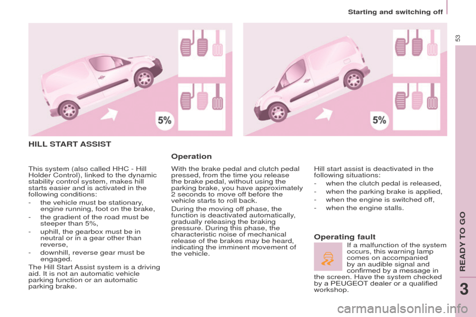 Peugeot Partner 2016 Workshop Manual 53
Starting and switching off
Partner-2-Vu_en_Chap03_Pret-a-partir_ed02-2015
HILL START ASSIST
Operation
With the brake pedal and clutch pedal
pressed, from the time you release
the brake pedal, wi Peugeot Partner 2016 Workshop Manual 53
Starting and switching off
Partner-2-Vu_en_Chap03_Pret-a-partir_ed02-2015
HILL START ASSIST
Operation
With the brake pedal and clutch pedal
pressed, from the time you release
the brake pedal, wi
