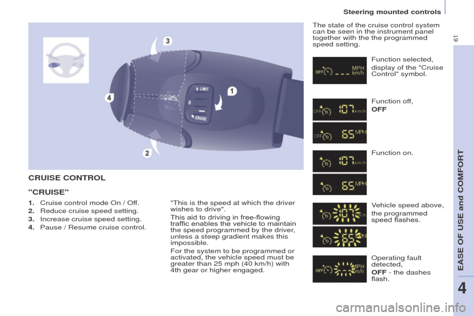Peugeot Partner 2016 Repair Manual 61
Partner-2-Vu_en_Chap04_Ergonomie_ed02-2015
CRUISE CONTROL
"CRUISE"
"This is the speed at which the driver 
wishes to drive".
This aid to driving in free-flowing 
traffic enables the vehicle to main
