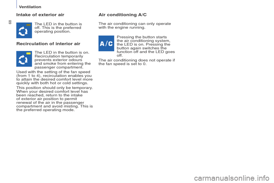 Peugeot Partner 2016 Repair Manual 68
Partner-2-Vu_en_Chap04_Ergonomie_ed02-2015
Intake of exterior air
Recirculation of interior airAir conditioning A/C
The LED in the button is 
off. This is the preferred 
operating position.
Pressin
