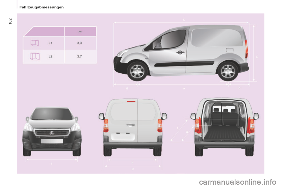 Peugeot Partner 2016  Betriebsanleitung (in German) 162
Partner-2-Vu_de_Chap09_Caract-technique_ed02-2015 
Fahrzeugabmessungen  