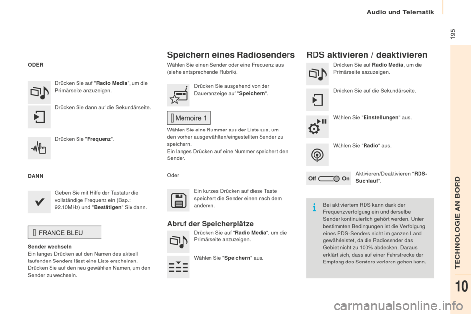 Peugeot Partner 2016 Betriebsanleitung (in German) 195
Partner-2-Vu_de_Chap10a_SMEGplus_ed02-2015
Wählen Sie einen Sender oder eine Frequenz aus
(siehe entsprechende Rubrik).Drücken Sie auf Radio Media
, um die
Primärseite anzuzeigen.
Drücken S Peugeot Partner 2016 Betriebsanleitung (in German) 195
Partner-2-Vu_de_Chap10a_SMEGplus_ed02-2015
Wählen Sie einen Sender oder eine Frequenz aus
(siehe entsprechende Rubrik).Drücken Sie auf Radio Media
, um die
Primärseite anzuzeigen.
Drücken S