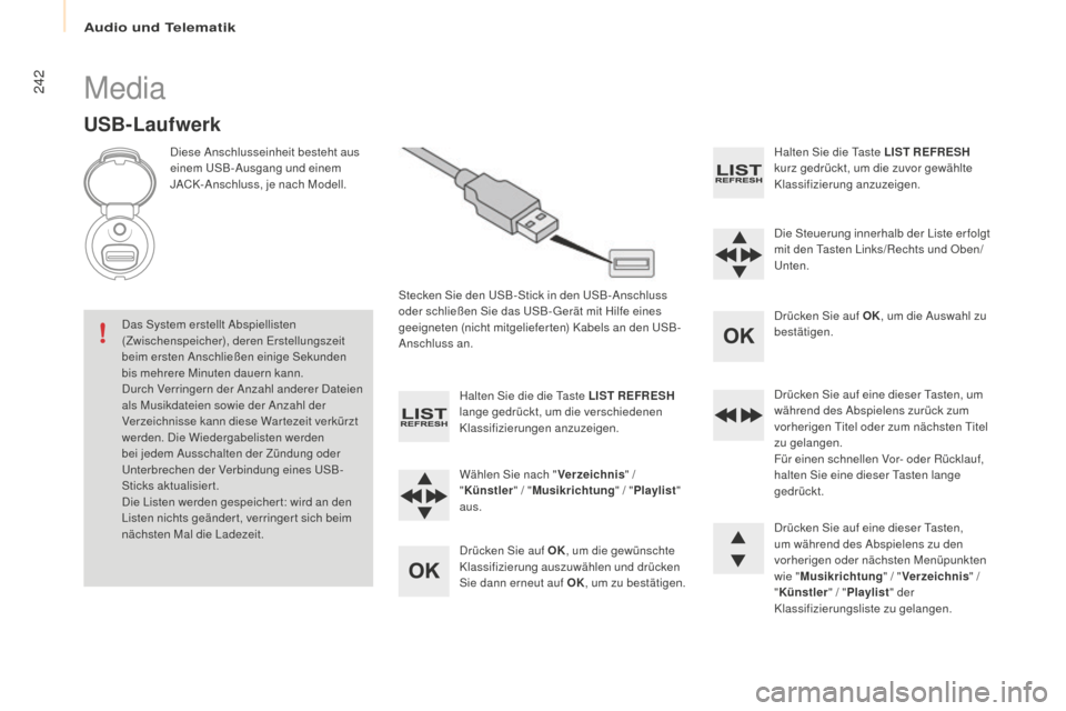 Peugeot Partner 2016 Betriebsanleitung (in German) 242
Partner-2-Vu_de_Chap10b_RD45_ed02-2015
Media
USB-Laufwerk
Diese Anschlusseinheit besteht aus
einem USB-Ausgang und einem
JACK-Anschluss, je nach Modell.Stecken Sie den USB-Stick in den USB-Ansch Peugeot Partner 2016 Betriebsanleitung (in German) 242
Partner-2-Vu_de_Chap10b_RD45_ed02-2015
Media
USB-Laufwerk
Diese Anschlusseinheit besteht aus
einem USB-Ausgang und einem
JACK-Anschluss, je nach Modell.Stecken Sie den USB-Stick in den USB-Ansch