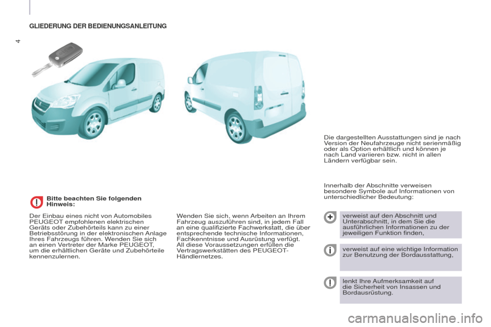 Peugeot Partner 2016  Betriebsanleitung (in German) 4
Partner-2-Vu_de_Chap01_vue-ensemble_ed02-2015
GLIEDERUNG DER BEDIENUNGSANLEITUNG
Innerhalb der Abschnitte verweisen 
besondere Symbole auf Informationen von 
unterschiedlicher Bedeutung:verweist auf