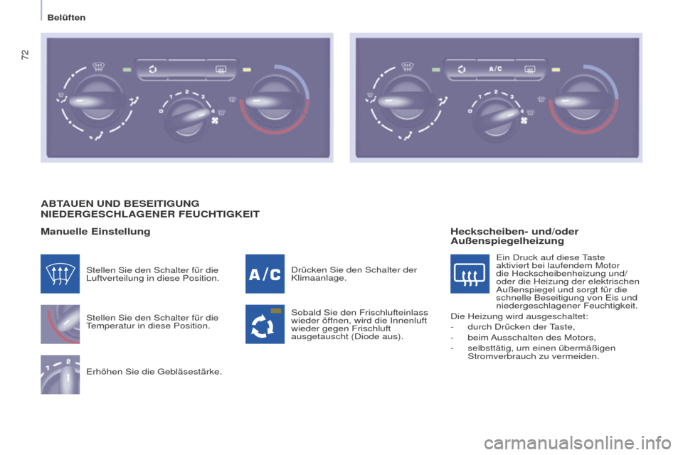 Peugeot Partner 2016 Betriebsanleitung (in German) 72
Partner-2-Vu_de_Chap04_Ergonomie_ed02-2015
ABTAUEN UND BESEITIGUNG NIEDERGESCHLAGENER FEUCHTIGKEIT
Manuelle Einstellung
Stellen Sie den Schalter für die
Temperatur in diese Position.
Erhöhen Sie Peugeot Partner 2016 Betriebsanleitung (in German) 72
Partner-2-Vu_de_Chap04_Ergonomie_ed02-2015
ABTAUEN UND BESEITIGUNG NIEDERGESCHLAGENER FEUCHTIGKEIT
Manuelle Einstellung
Stellen Sie den Schalter für die
Temperatur in diese Position.
Erhöhen Sie
