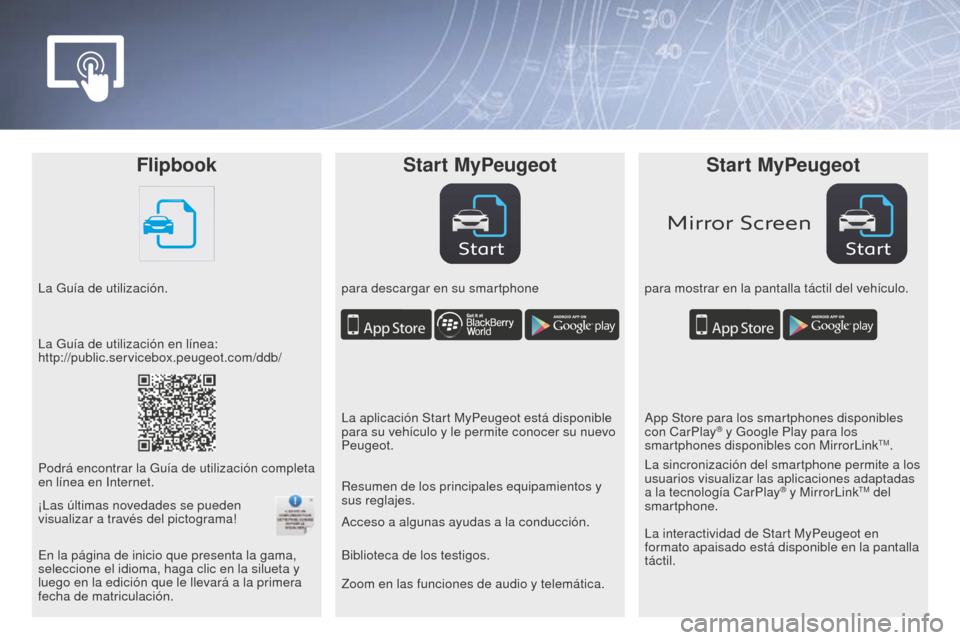 Peugeot Partner 2016  Manual del propietario (in Spanish) StartStart
Mirror Screen
FlipbookStart MyPeugeot Start MyPeugeot
La Guía de utilización. para descargar en su smartphonepara mostrar en la pantalla táctil del vehículo.
Zoom en las funciones de au