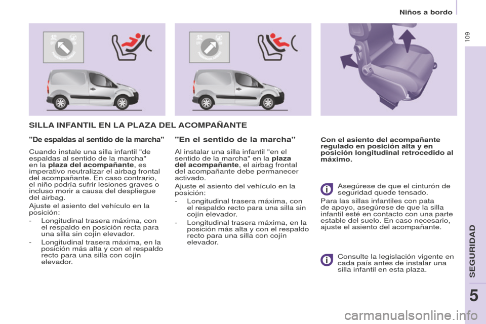 Peugeot Partner 2016 Manual del propietario (in Spanish) 109
Niños a bordo
Partner-2-Vu_es_Chap05_Securite_ed02-2015
SILLA INFANTIL EN LA PLAzA DEL ACOMPAñANTE
Con el asiento del acompañante
regulado en posición alta y en
posición longitudinal retroc Peugeot Partner 2016 Manual del propietario (in Spanish) 109
Niños a bordo
Partner-2-Vu_es_Chap05_Securite_ed02-2015
SILLA INFANTIL EN LA PLAzA DEL ACOMPAñANTE
Con el asiento del acompañante
regulado en posición alta y en
posición longitudinal retroc