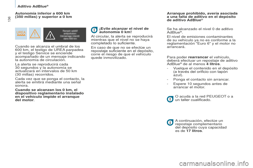 Peugeot Partner 2016 Manual del propietario (in Spanish) 136
Partner-2-Vu_es_Chap07_Verification_ed02-2015
Cuando se alcanza el umbral de los
600 km, el testigo de UREA parpadea
y el testigo Service se enciende
acompañado de un mensaje indicando
la aut Peugeot Partner 2016 Manual del propietario (in Spanish) 136
Partner-2-Vu_es_Chap07_Verification_ed02-2015
Cuando se alcanza el umbral de los
600 km, el testigo de UREA parpadea
y el testigo Service se enciende
acompañado de un mensaje indicando
la aut