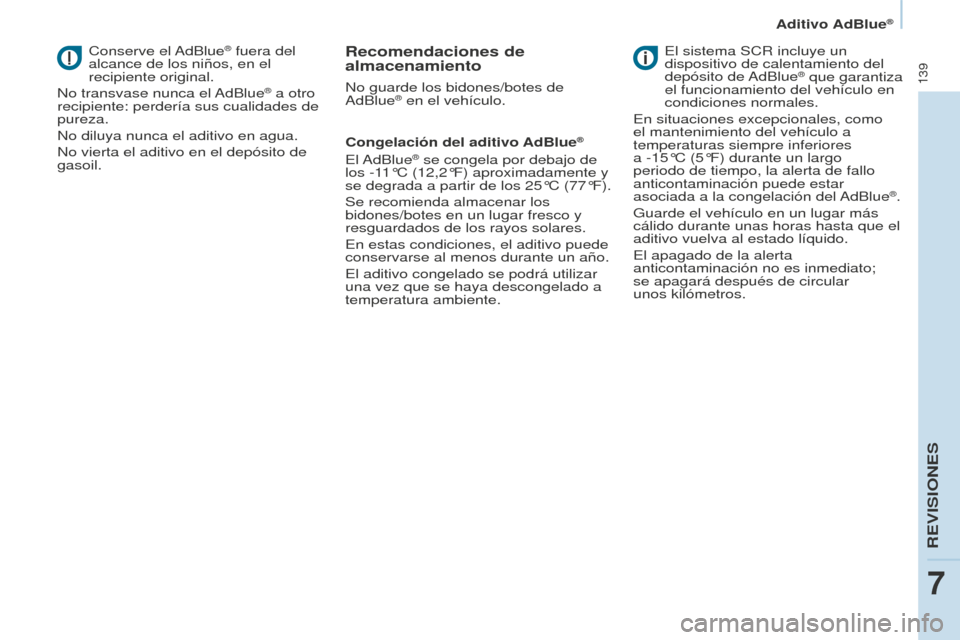 Peugeot Partner 2016 Manual del propietario (in Spanish) 139
Aditivo AdBlue®
Partner-2-Vu_es_Chap07_Verification_ed02-2015
Conserve el AdBlue® fuera del
alcance de los niños, en el
recipiente original.
No transvase nunca el AdBlue
® a otro
recipient Peugeot Partner 2016 Manual del propietario (in Spanish) 139
Aditivo AdBlue®
Partner-2-Vu_es_Chap07_Verification_ed02-2015
Conserve el AdBlue® fuera del
alcance de los niños, en el
recipiente original.
No transvase nunca el AdBlue
® a otro
recipient