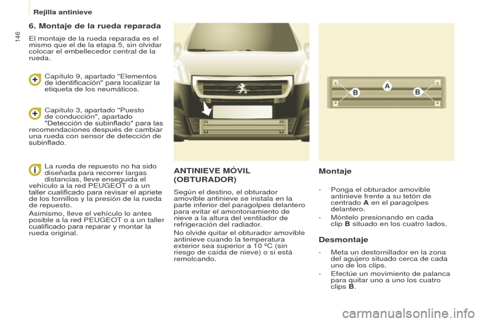 Peugeot Partner 2016 Manual del propietario (in Spanish) 146
Rejilla antinieve
Partner-2-Vu_es_Chap08_Aide-rapide_ed02-2015
ANTINIEVE MÓVIL
(OBTURADOR)
Según el destino, el obturador
amovible antinieve se instala en la
parte inferior del paragolpes dela Peugeot Partner 2016 Manual del propietario (in Spanish) 146
Rejilla antinieve
Partner-2-Vu_es_Chap08_Aide-rapide_ed02-2015
ANTINIEVE MÓVIL
(OBTURADOR)
Según el destino, el obturador
amovible antinieve se instala en la
parte inferior del paragolpes dela