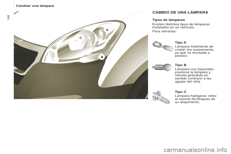 Peugeot Partner 2016 Manual del propietario (in Spanish) 148
Partner-2-Vu_es_Chap08_Aide-rapide_ed02-2015
CAMBIO DE UNA LÁMPARA
Tipo B
Lámpara con bayoneta:
presione la lámpara y
retírela girándola en
sentido contrario a las
agujas del reloj. Tipo Peugeot Partner 2016 Manual del propietario (in Spanish) 148
Partner-2-Vu_es_Chap08_Aide-rapide_ed02-2015
CAMBIO DE UNA LÁMPARA
Tipo B
Lámpara con bayoneta:
presione la lámpara y
retírela girándola en
sentido contrario a las
agujas del reloj. Tipo