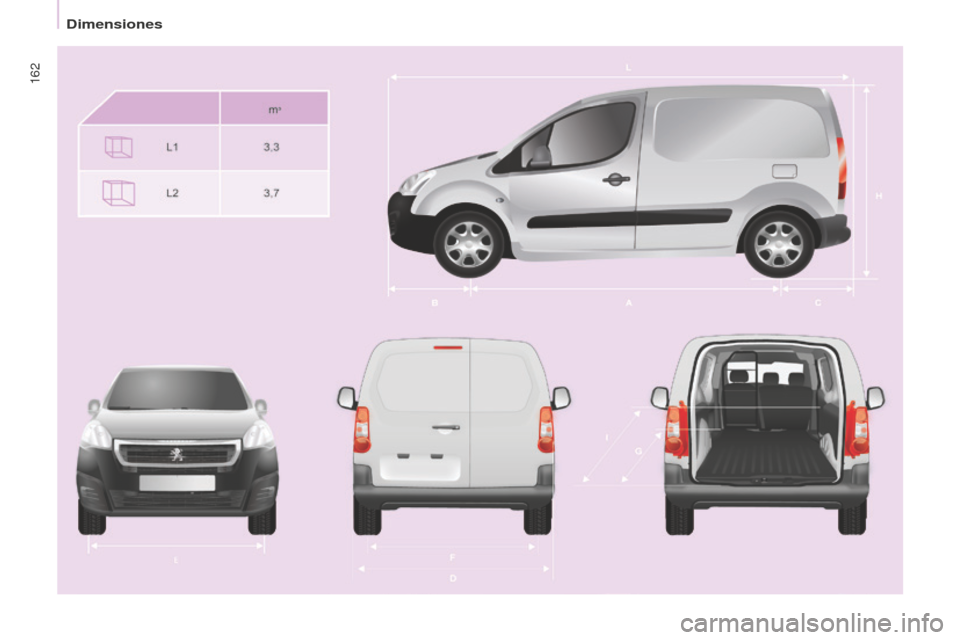Peugeot Partner 2016  Manual del propietario (in Spanish) 162
Partner-2-Vu_es_Chap09_Caract-technique_ed02-2015 
Dimensiones  